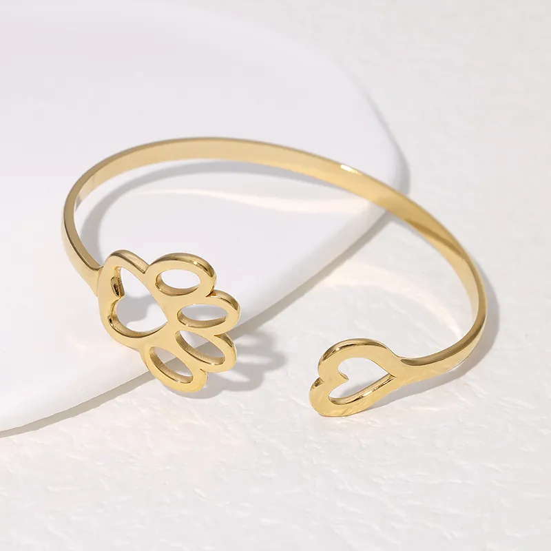 Bracciale Aperto Regolabile In Acciaio Inossidabile Cuore Zampa Gioielli Minimalisti Dolci Per Donne Regalo Amante Animali