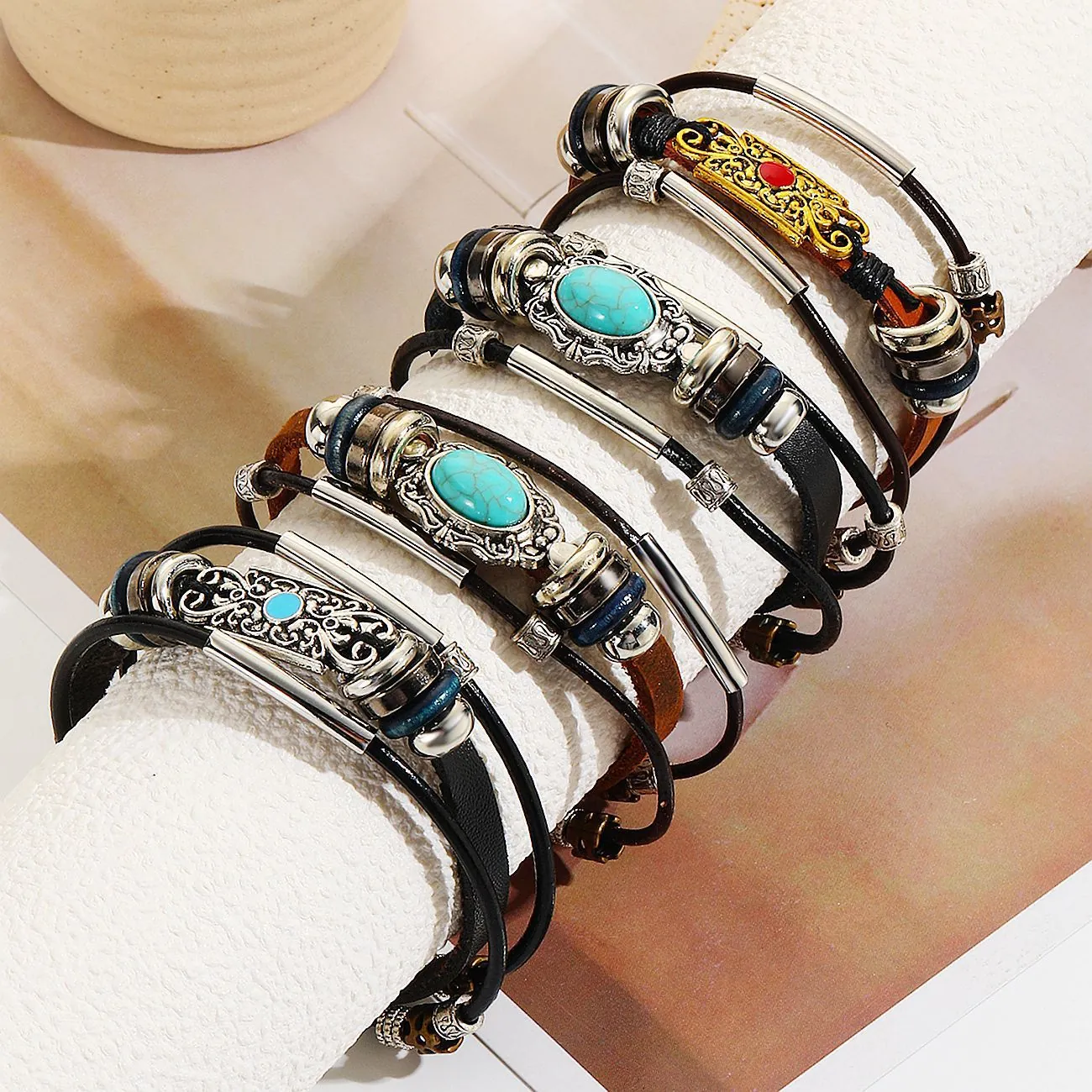 Vintage Multi-layer Braided Leather Bracelet With Stainless Steel Alloy Turquoise Pendant Retro Bohemian Style Men Women