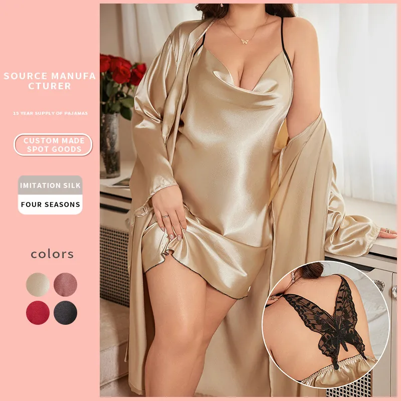 Women Plus Size Satin Pajamas Nightdress And Robe Imitation Satin V-Neck Butterfly Lace Sleepwear Loungewear