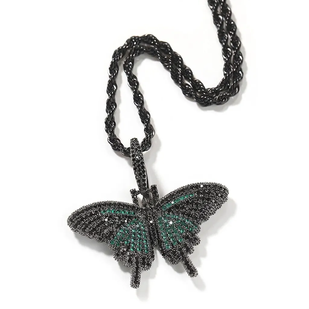 Hip Hop Iced Out Zirconia Butterfly Pendant Necklace For Women Men Copper Butterfly Necklace With 3mm Twist Chain Jewelry