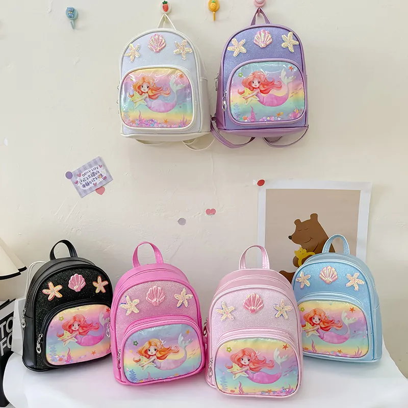 Kids Backpack Mermaid Princess Schoolbag PU Leather Sequins Shell Starfish Cute For Girls Kindergarten