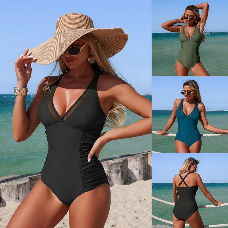 Women One Piece Swimsuit Nylon Mesh Patchwork Ruched Tummy Control Deep V Neck Sexy Beach Vacation Style