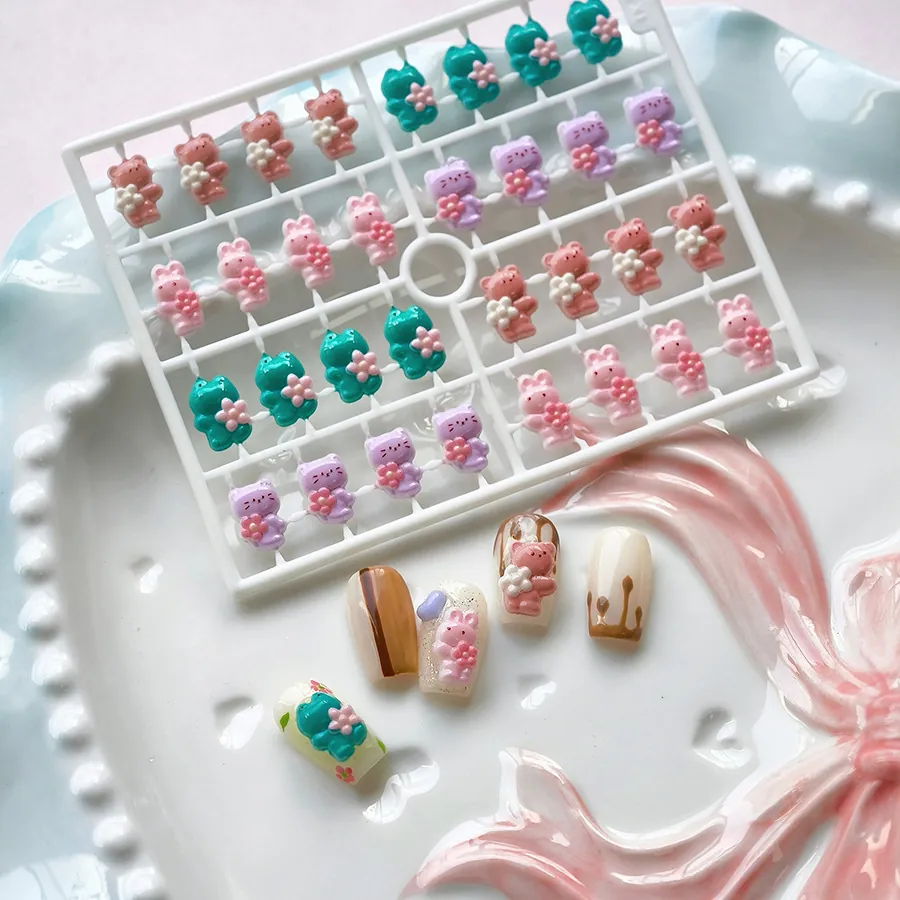 3D Nail Charms Resin Cartoon Animal Bear Rabbit Cat Frog Holding Flower Relief DIY Nail Art Decoration Cute Sweet Girl