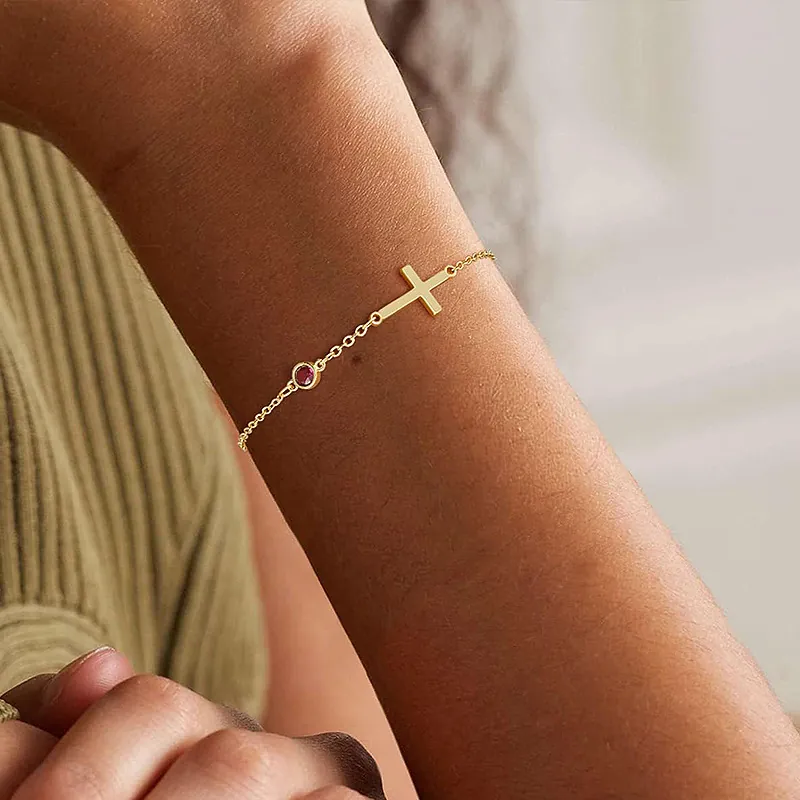 French Luxury Copper Cross Birthstone Bracelet Gold Plated Zirconia Cross Pendant Bracelet For Women Personalized Birthday Jewelry Gift