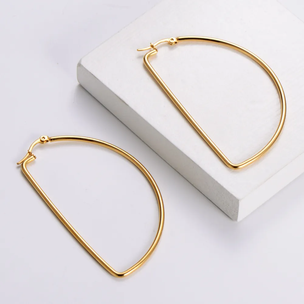 D-Shape Hoop Earrings 316L Stainless Steel 18K Gold Plated Large Geometric Minimalist Jewelry For Women
