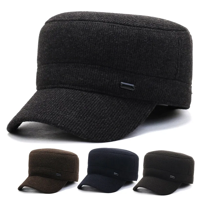 Herren Winter Warm Cadet Cap Fleece Gefüttert Dicke Wollene Flache Mütze Mit Ohrenklappen Verstellbar Outdoor Militär Stil