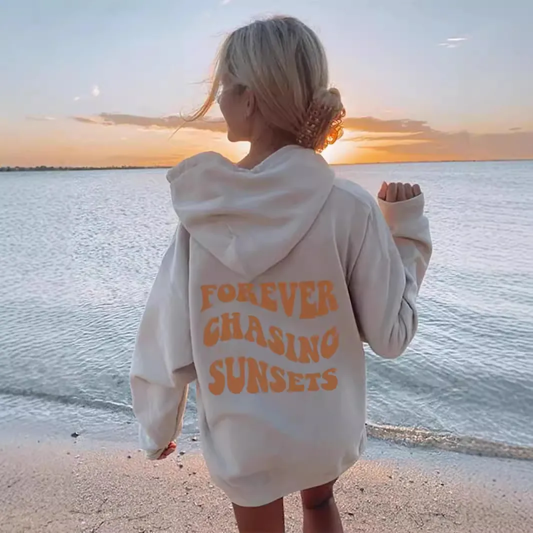 Men Hoodie Forever Chasing Sunsets Letter Print Long Sleeve Pullover Fleece Casual Sweatshirt Kangaroo Pocket