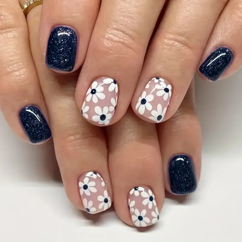 Floral Daisy And Glitter Press On Nails Short Square ABS Fake Nails For Women Artificial Finger Nails Tips