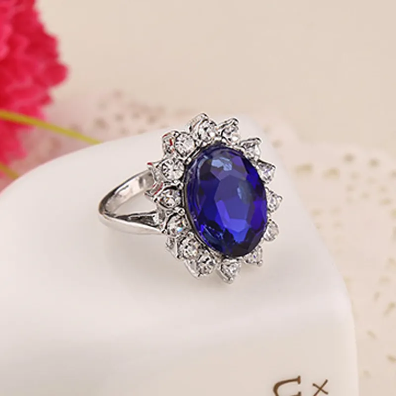 Oval Blue Faux Sapphire Engagement Ring Alloy Rhinestone Halo Vintage Royal Style Jewelry For Women