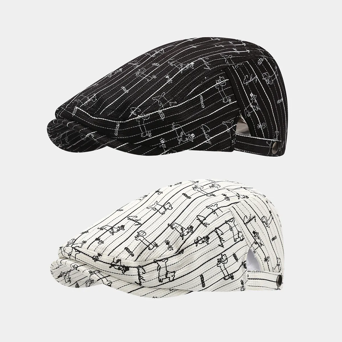 Casquette Plate Rayée En Coton Rétro Vintage Ajustable Motif Chien Teckel Dessin Animé Accessoire Décontracté