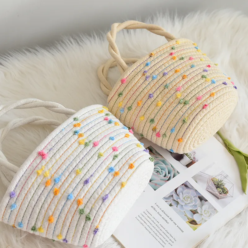 Handtasche Damen Gewebt Baumwollseil Bunte Bommeln Gedrehter Griff Boho Schultertasche