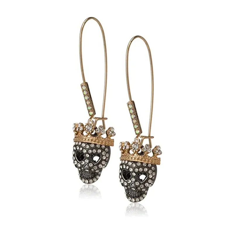 Punk Skull Pendant Earrings With Crown Alloy Rhinestone Gothic Halloween Jewelry For Women