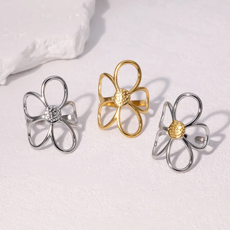 Anillo Fiore Cavo Acciaio Inossidabile Placcato Oro 18K Apertura Regolabile Margherita Gioielli Minimalisti Donna