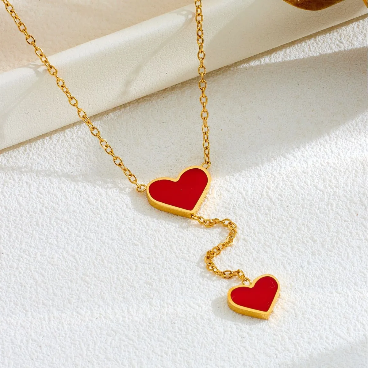 Titanium Steel Red Heart Pendant Necklace Earring Set Gold Plated Rhinestone Jewelry For Women Minimalist Accessories Gift