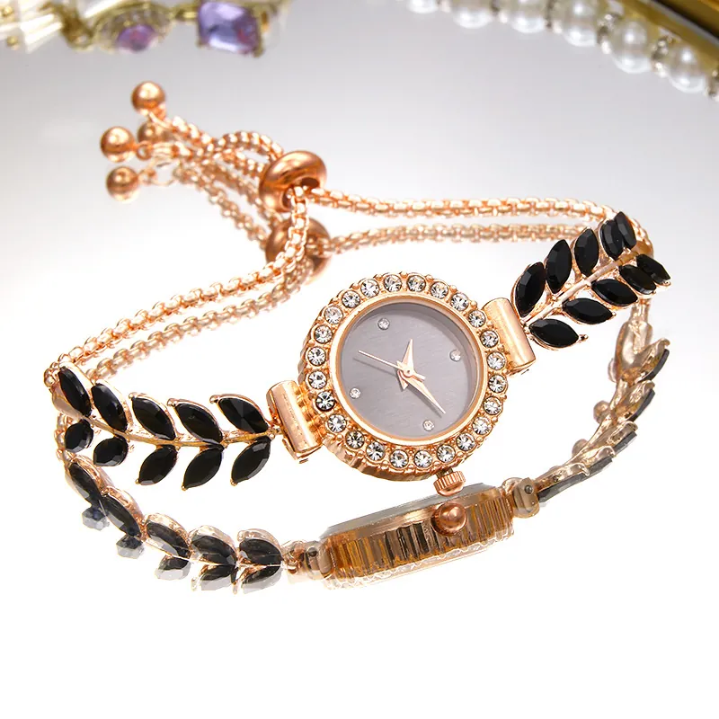 Women Bracelet Watch Round Rhinestone Alloy Adjustable Slider Clasp Leaf Design Elegant Luxury Quartz Wristwatch