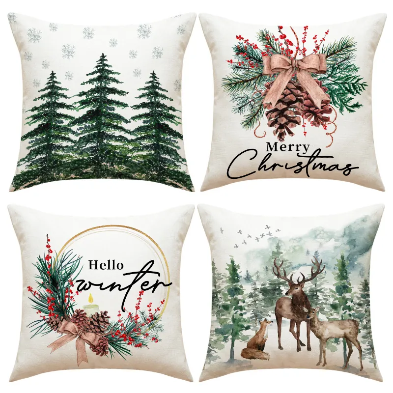 Christmas Pillowcase Cushion Cover Polyester Linen Blend Pinecone Reindeer Pine Tree Print For Living Room Sofa Home Decor