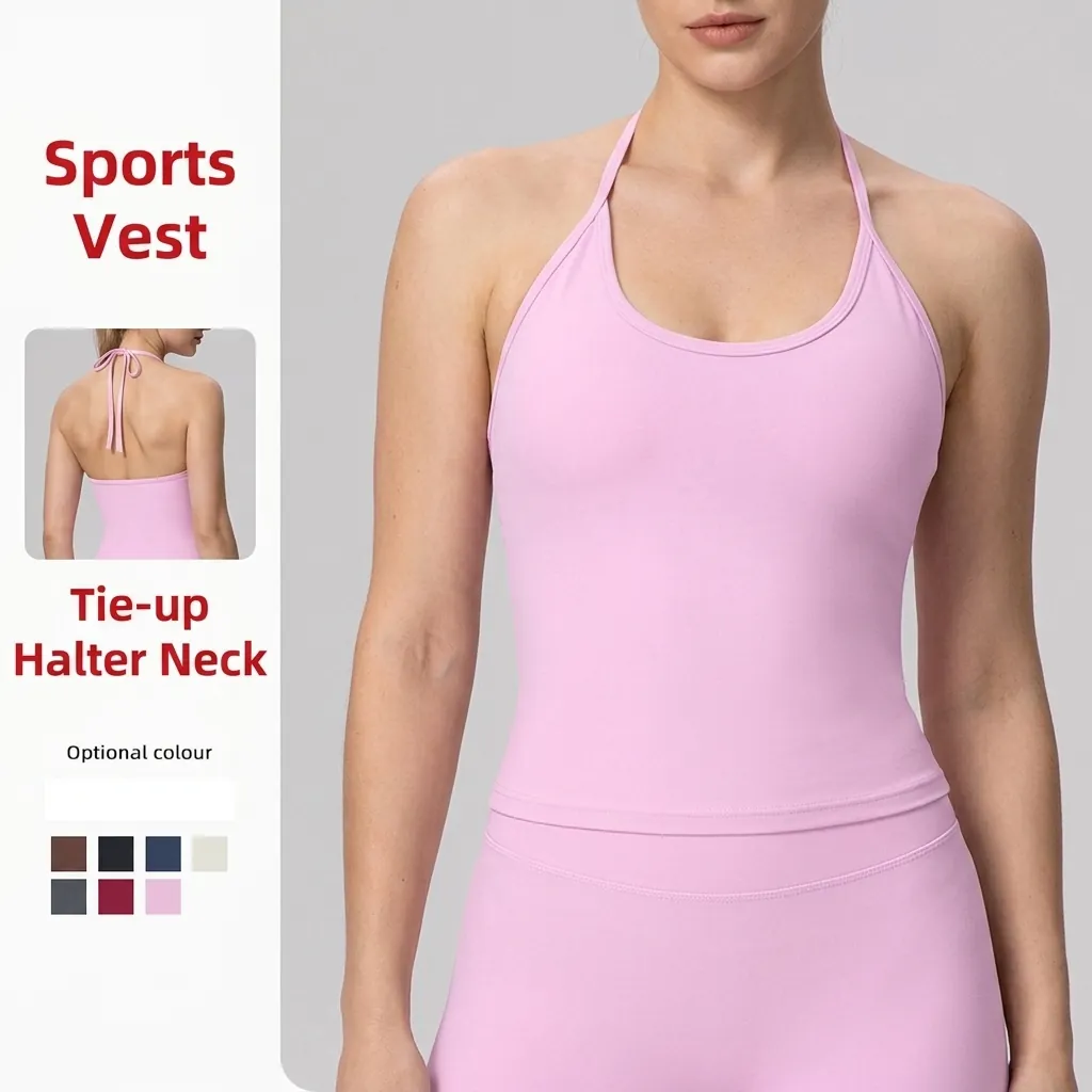 Débardeur de Sport Yoga Dos Nu Halter Avec Coussinets de Poitrine Couleur Unie Séchage Rapide pour Femmes