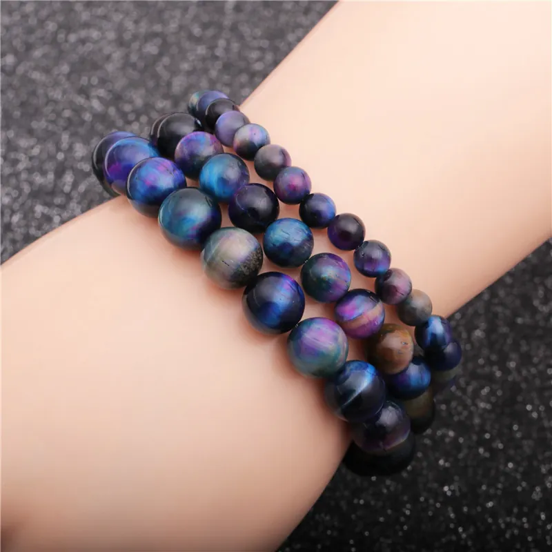 Tiger Eye Stone Round Bead Bracelet Galaxy Multi Color Cat Eye Effect Elastic Yoga Healing Jewelry For Men Women