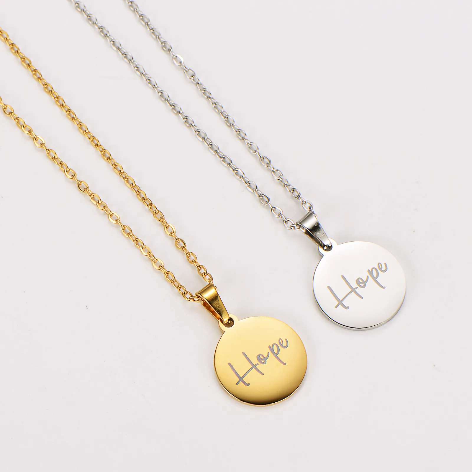 Hope Engraved Round Pendant Necklace 304 Stainless Steel 18K Gold Plated High Polished Minimalist Jewelry For Men Women