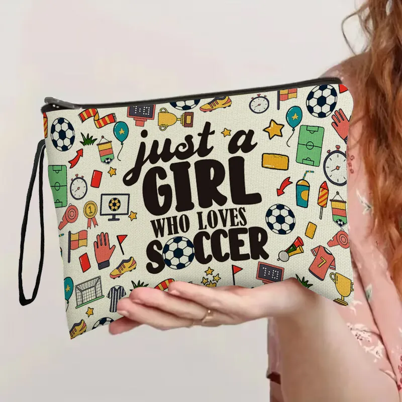 Soccer Theme Makeup Bag Fine Linen Cosmetic Pouch With Zipper Portable Hand Strap Large Capacity Travel Wash Bag For Girls