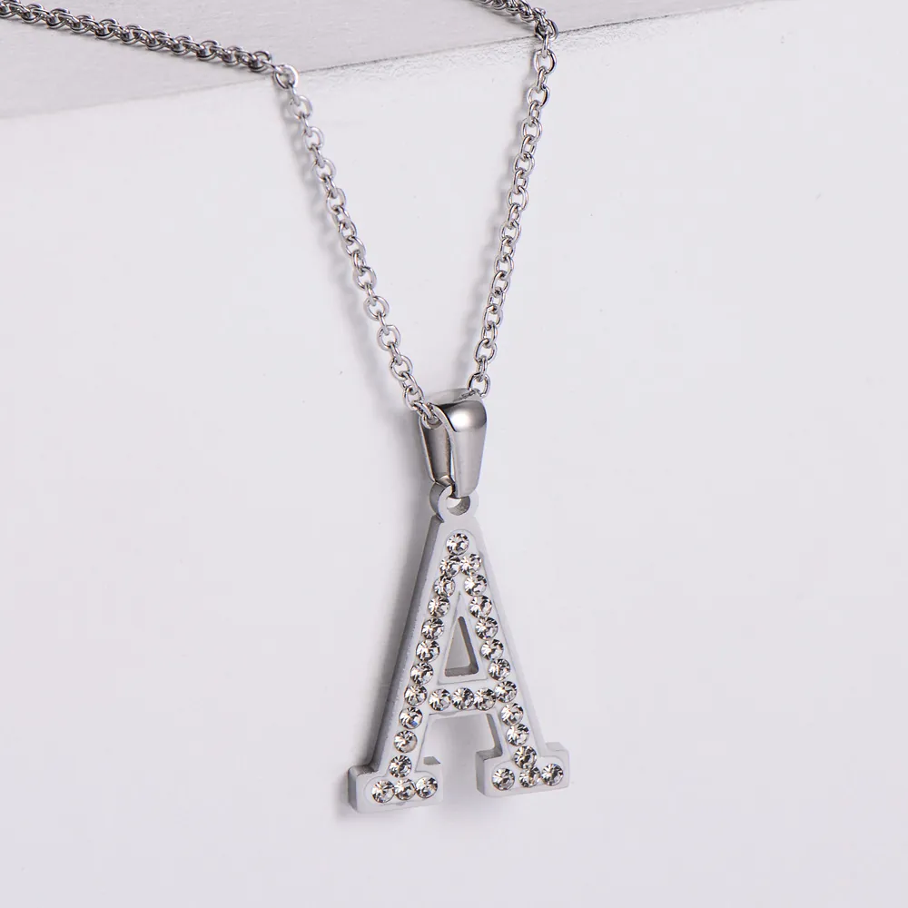 Stainless Steel Initial Letter Pendant Necklace With Rhinestone Sparkling Alphabet Jewelry For Women Girls Elegant