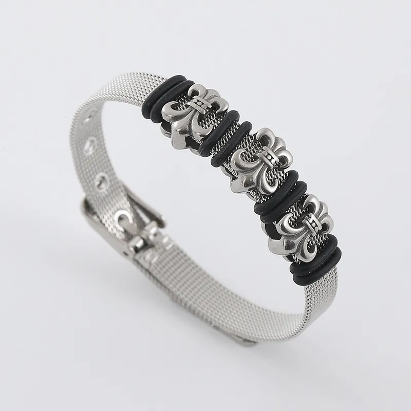 Stainless Steel Mesh Bracelet Fleur-De-Lis Adjustable Watch Strap Style Punk Gothic Jewelry For Men Women
