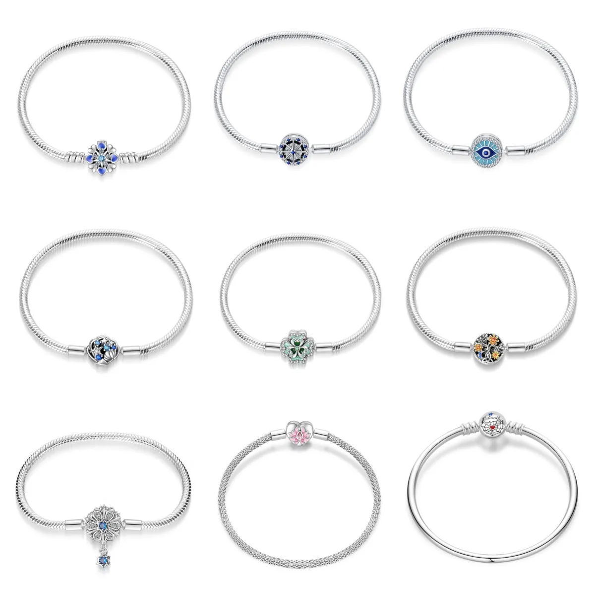 Silver Plated Copper Charm Bracelet Snake Chain Evil Eye Tree Of Life Clover Zircon Enamel Jewelry For Women