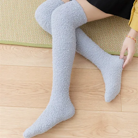 Winter Thick Warm Coral Fleece Over The Knee Stockings Soft Solid Color Long Tube Thigh High Socks For Women Home Sleep Floor Socks