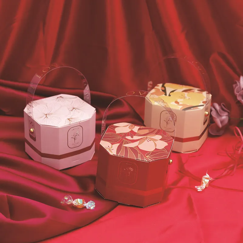 Elegant Floral Wedding Candy Boxes Portable Cardboard Gift Box With Transparent PVC Handle For Party Souvenirs