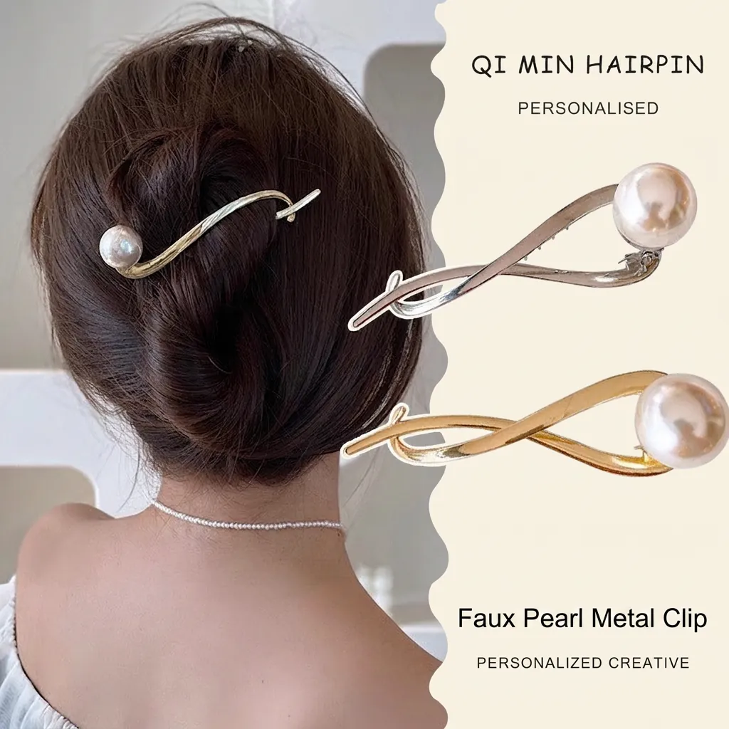 Minimalist Twisted Alloy Hair Clip With Large Faux Artificial Pearl French Style Elegant Metal Hairpin Women Commute Accessories