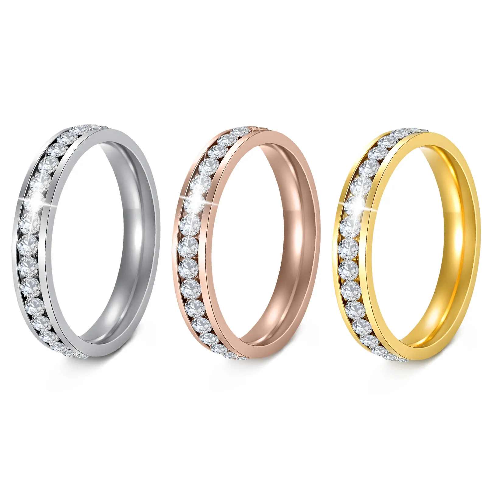 Anello Eternity In Acciaio Inossidabile Con Singola Fila Di Strass Incastonatura A Canale Gioielli Classici Per Donna