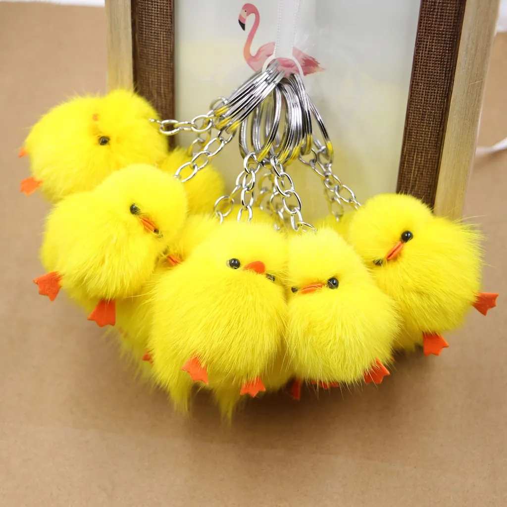 Niedliche Echt Fuchsfell Huhn Schlüsselanhänger Für Damen Weiches Plüsch Küken Anhänger Tasche Aufhänger Legierung Schlüsselring