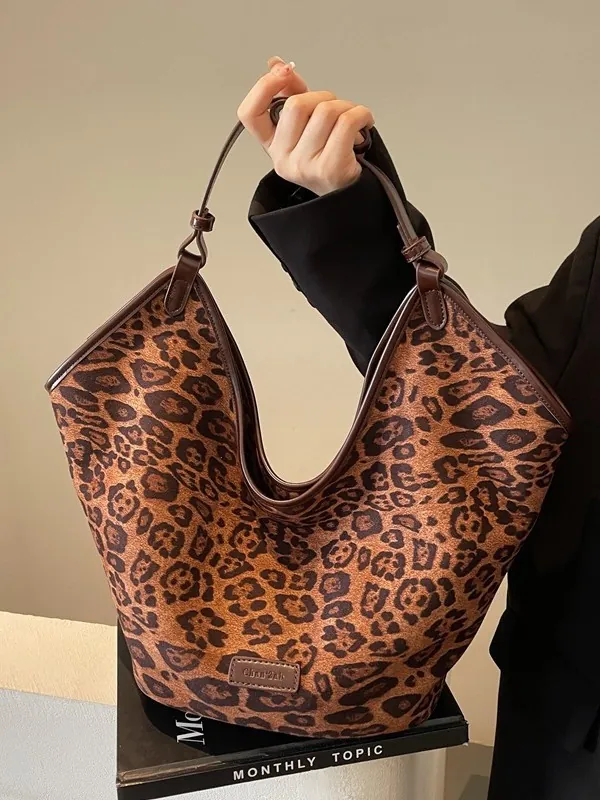 Leopard Print Large Capacity Tote Bag Faux Suede PU Leather Streetwear Fashion Shopping Shoulder Bag For Women