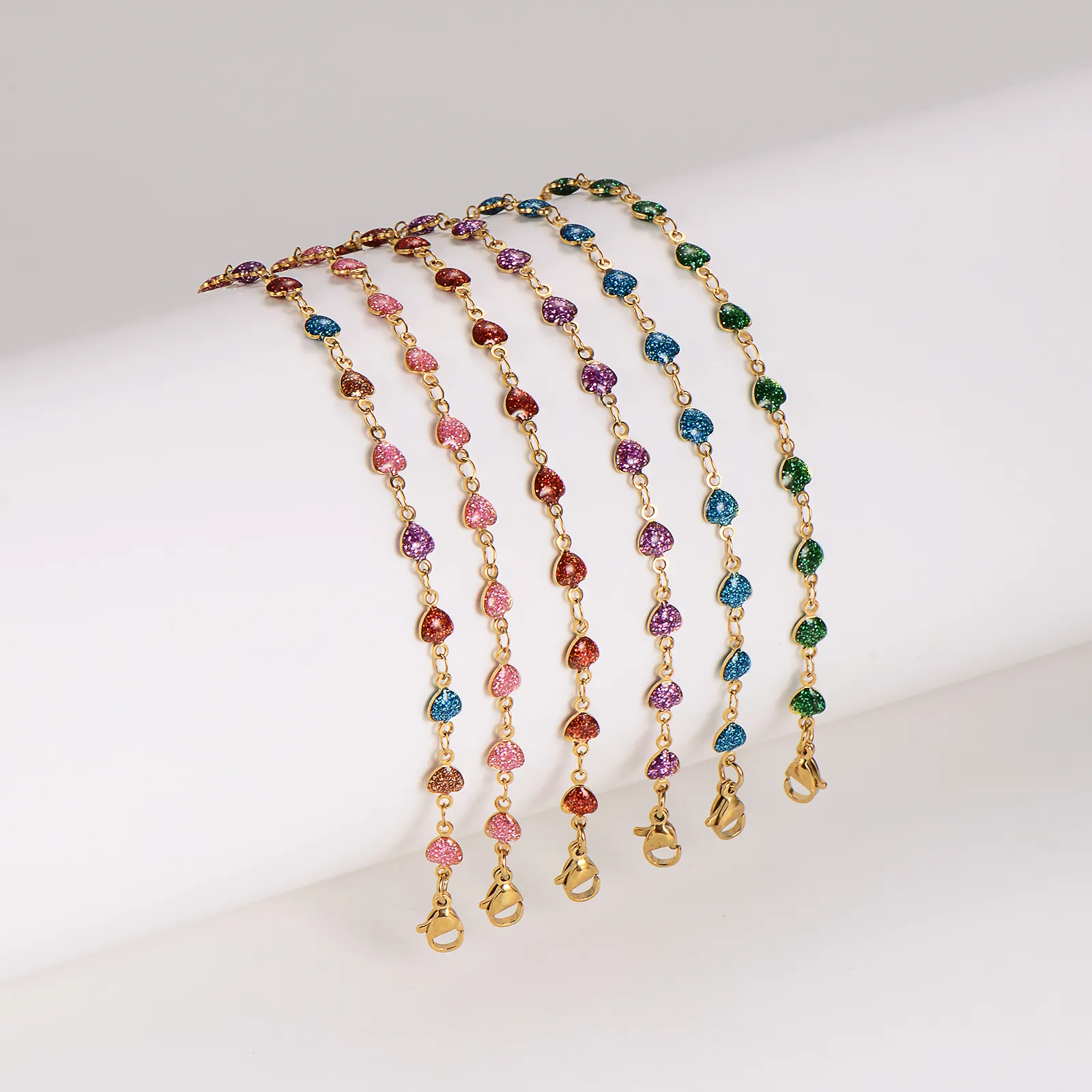 Stainless Steel Heart Bracelet 18K Gold Plated Colorful Glitter Drip Oil Adjustable Chain Jewelry For Women