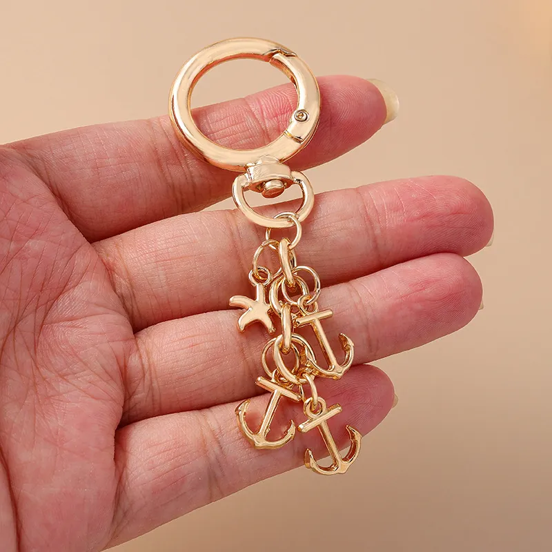 Nautical Anchor Starfish Keychain Zinc Alloy Ocean Theme Bag Pendant Charm Gold Tone Metal Key Ring