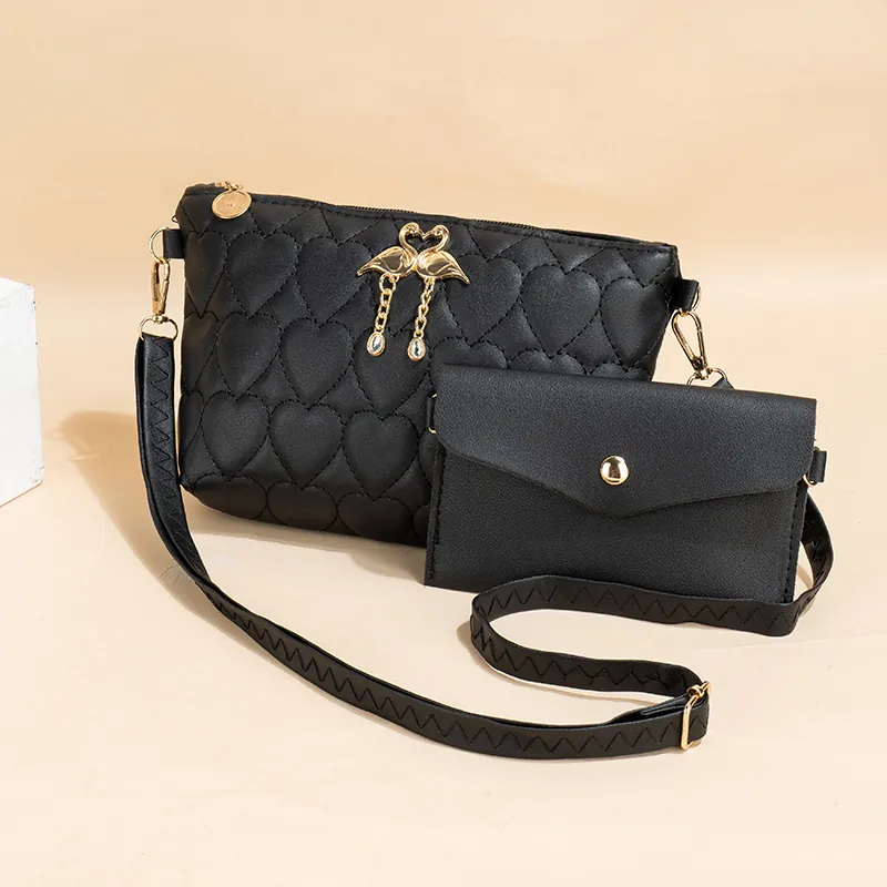 Heart Quilted Crossbody Bag And Small Wallet PU Leather Shoulder Handbag For Women Fashion Swan Decor Square Bag