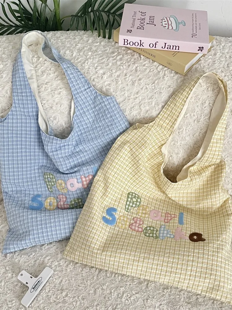 Women Gingham Tote Bag Fabric Large Capacity Shoulder Bag With Colorful Letter Embroidery Patchwork Casual Kawaii Style