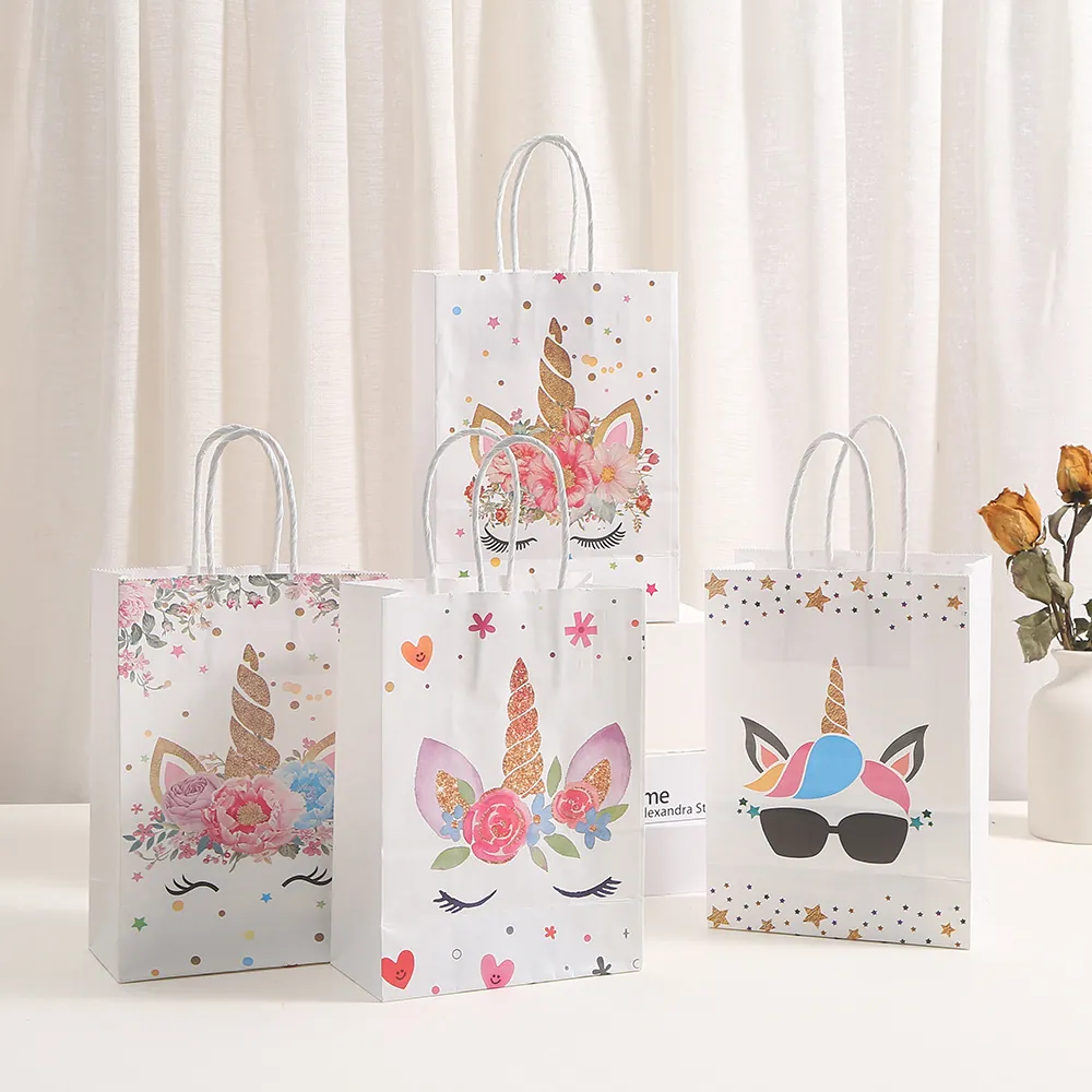 Cartoon Unicorn White Kraft Paper Gift Bag With Gold Foil Printing White Cardstock Handle Bag For Birthday Party Wedding Favor Gift Wrapping Supplies