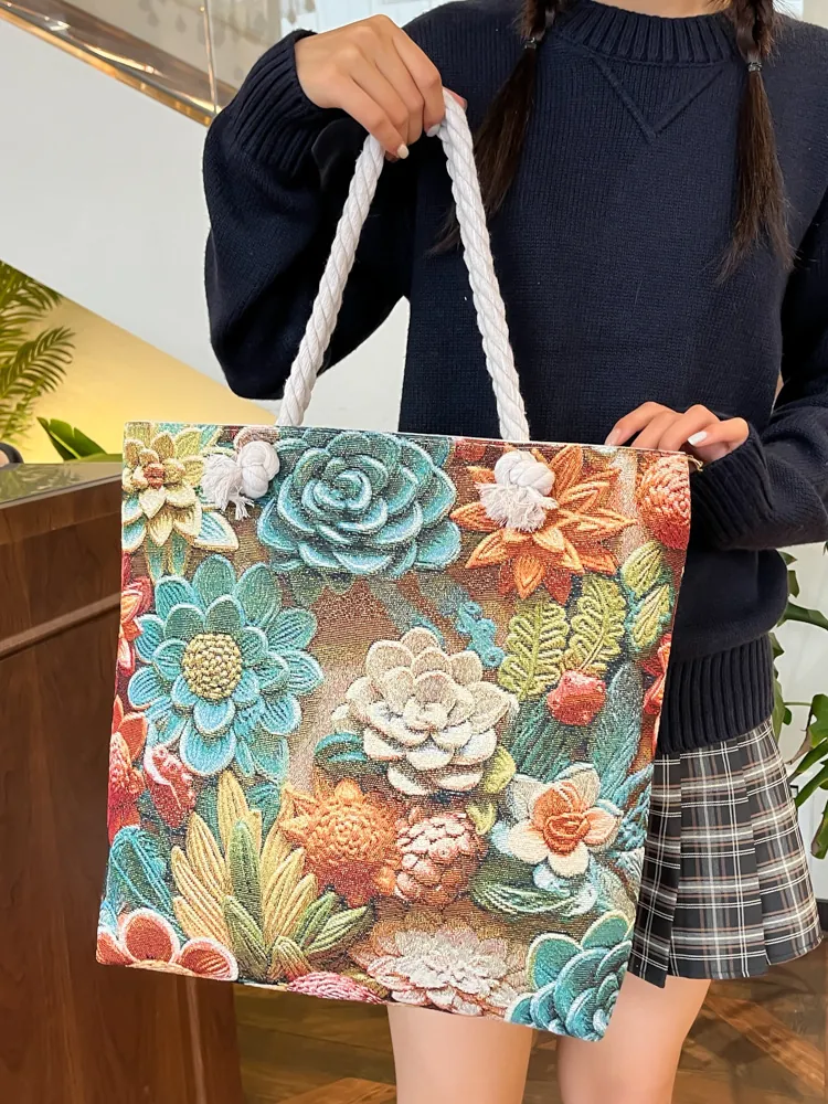 Women Ethnic Floral Embroidered Tote Bag Large Capacity Canvas Cotton Bohemian Casual Shoulder Handbag Rope Handle