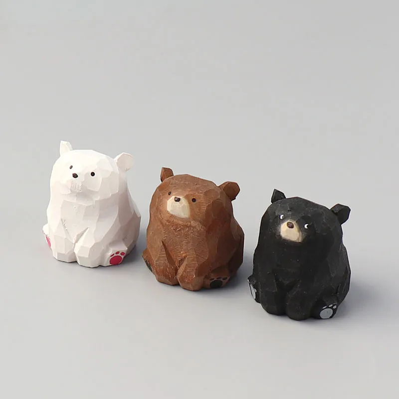 Hand Carved Wooden Bear Figurine Mini Basswood Animal Sculpture Desktop Car Decor Cute Cartoon Ornament Gift