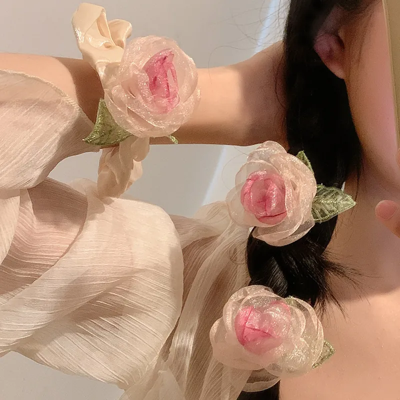 Handmade 3D Rose Flower Hair Clip And Scrunchie Organza Mesh Fairy Style Elegant Floral Headwear For Women Girls