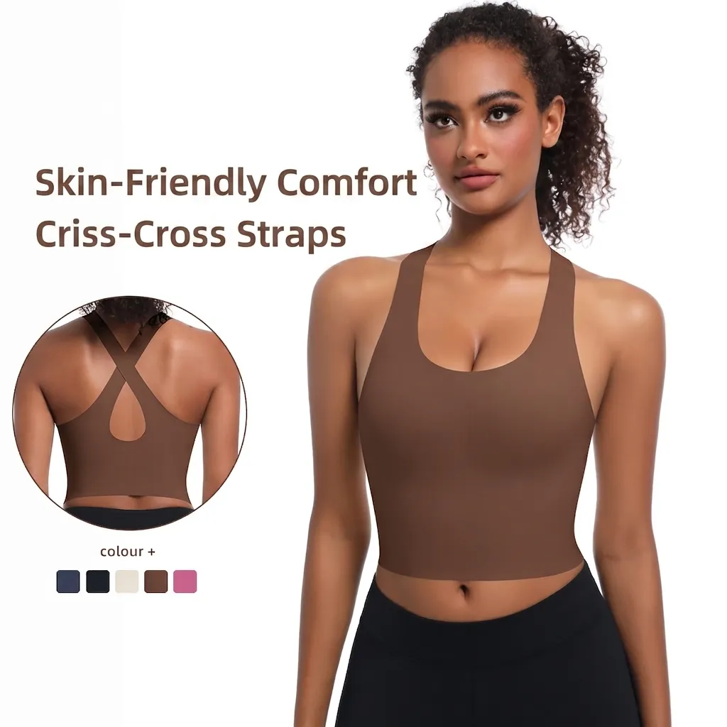 Soutien-gorge de Sport de Yoga Sans Couture à Dos Croisé Antichoc à Soutien Élevé Rembourré Débardeur de Fitness Femme