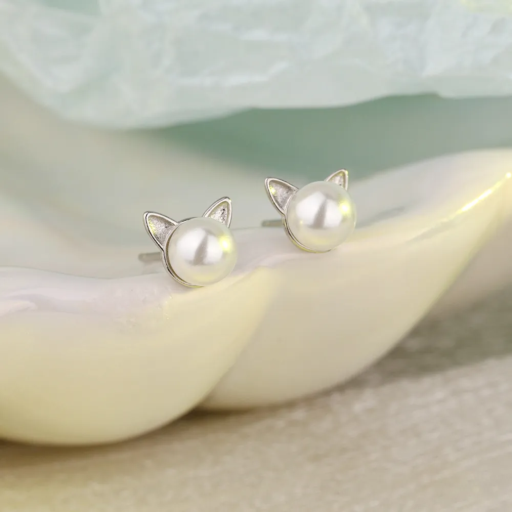 Cat Ear Artificial Pearl Stud Earrings Copper Animal Shape Sweet Korean Style Minimalist Jewelry For Women