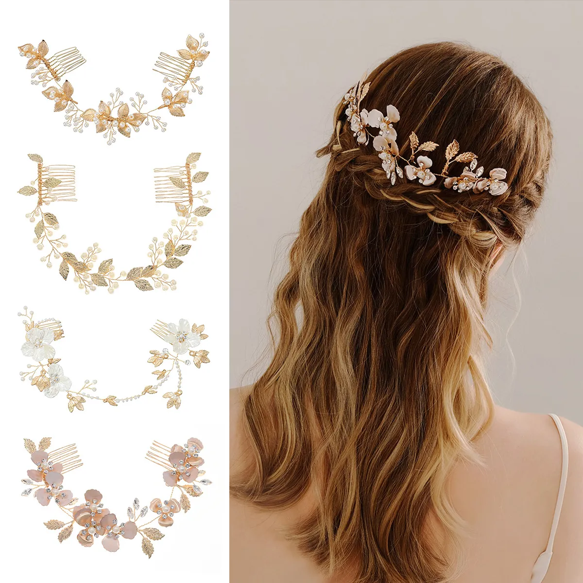 Handmade Bridal Hair Comb Alloy Flower Rhinestone Imitation Artificial Pearl Wedding Hair Vine Vintage Forest Style Women Headpiece