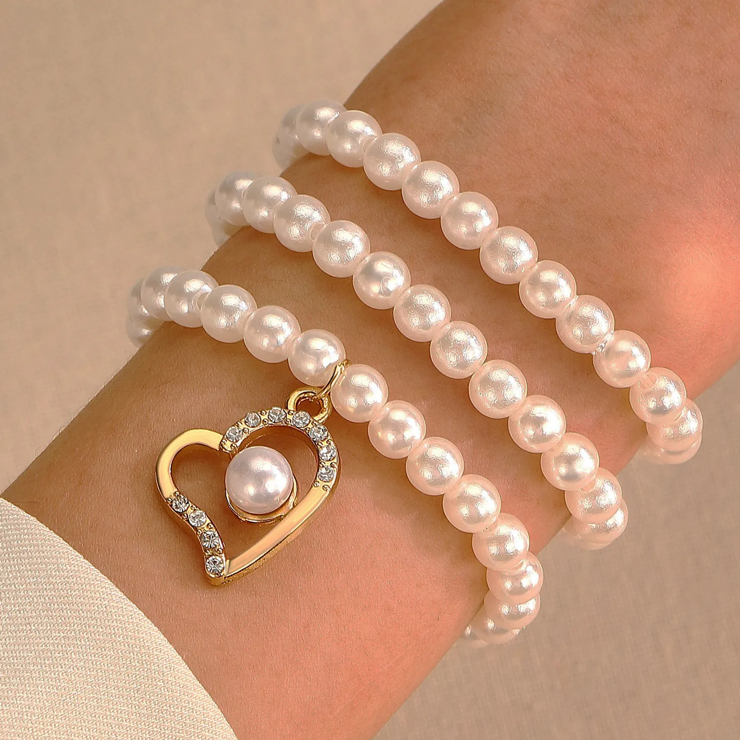 Bracciali Multistrato Di Künstliche Perle Simulate Per Donna Con Ciondoli Cuore Pianeta Chiave Gioielli Eleganti Francesi