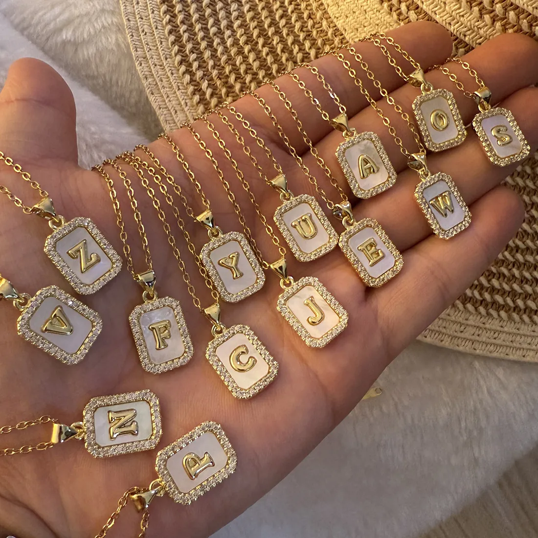 Alphabet Initial Square Pendant Necklace Copper 18K Gold Plated Mother Of Artificial Pearl Shell Zircon Luxury Jewelry For Women