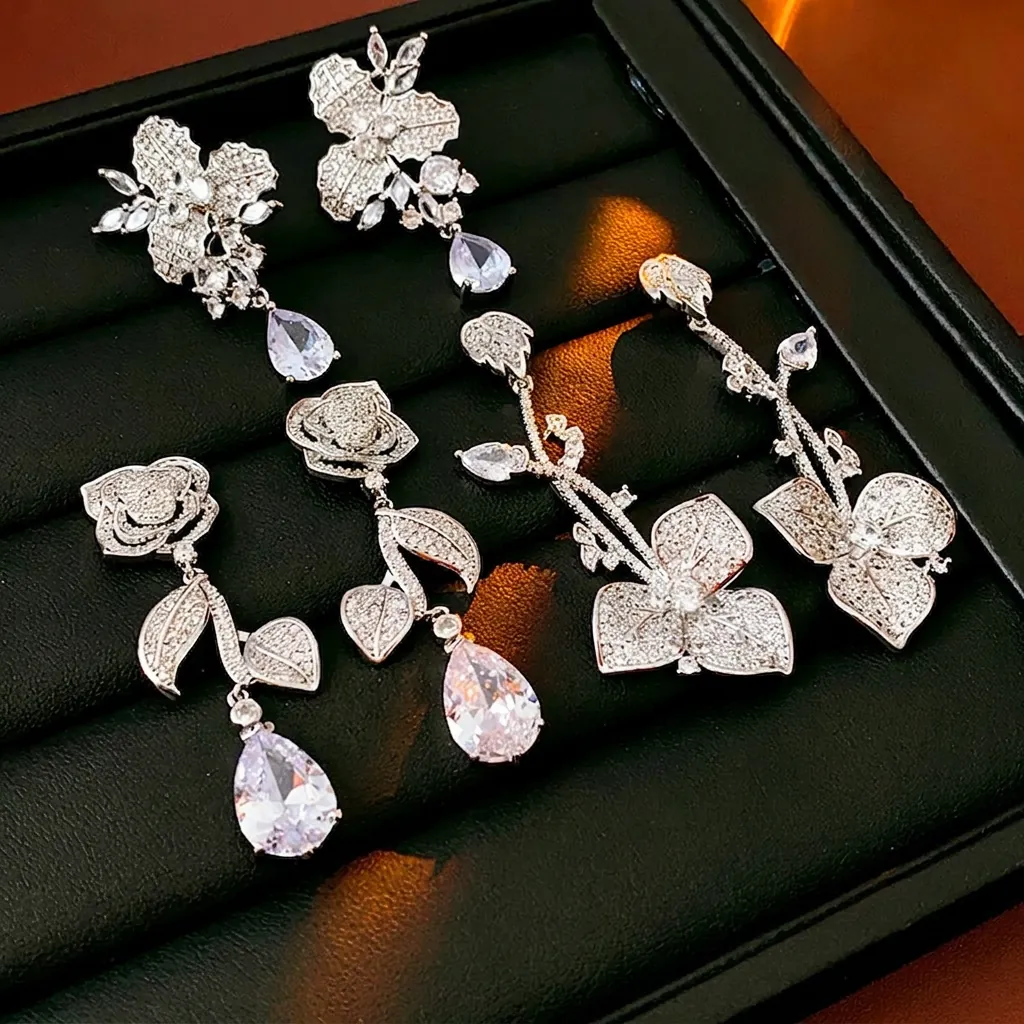 Elegante Blumen Blatt Zirkon Hängeohrringe Mit Silbernem Ohrstecker Für Damen Luxus Funkelnder Schmuck Wassertropfen Anhänger