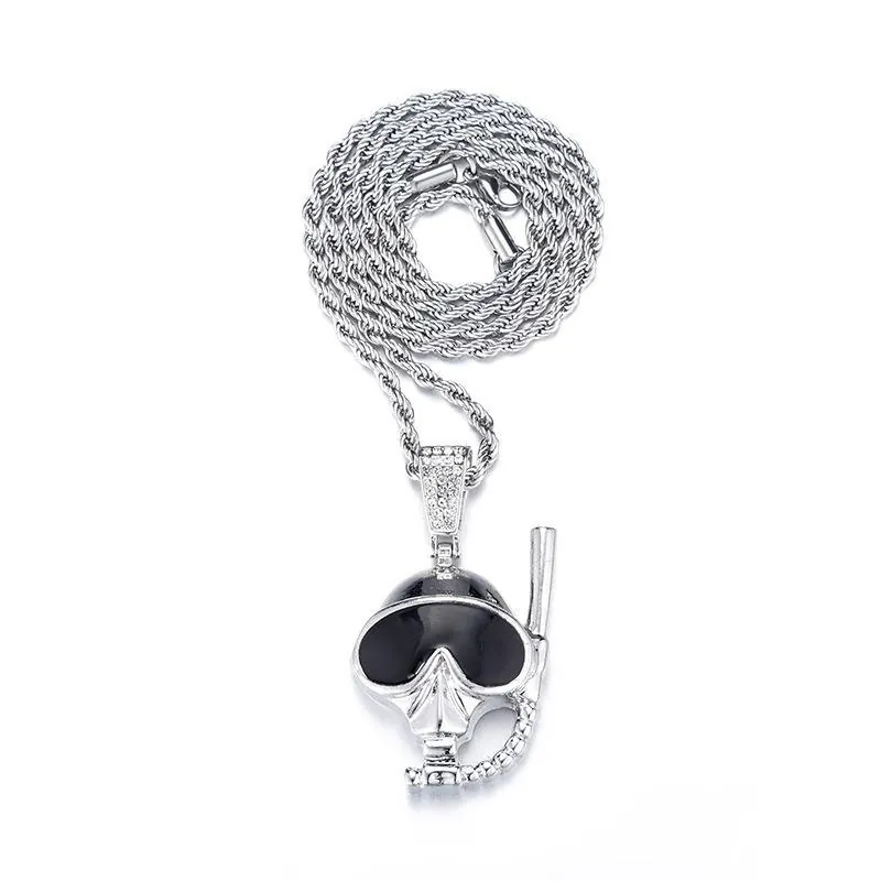 Hip Hop Diving Mask Skull Pendant Necklace Full Rhinestone Enamel Alloy Rope Tennis Chain Punk Jewelry For Men Women