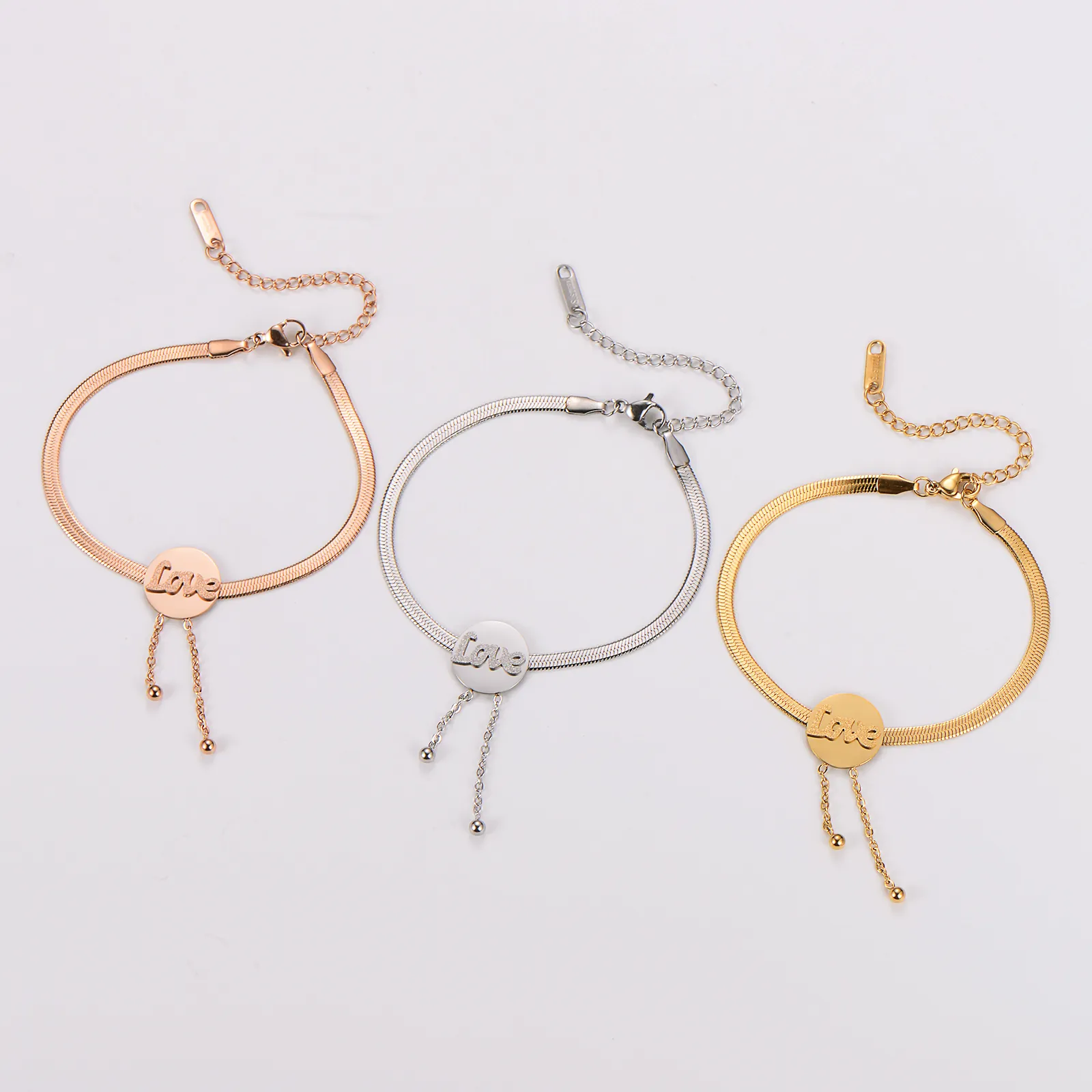 Stainless Steel Snake Chain Bracelet With Love Letter Round Pendant Tassel Dangle Women Fashion Accessory