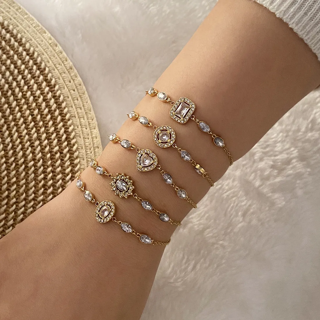 Elegant Stainless Steel Bracelet With Clear Glass Zirconia Geometric Heart Round Square Shapes For Women Fashion Accessory